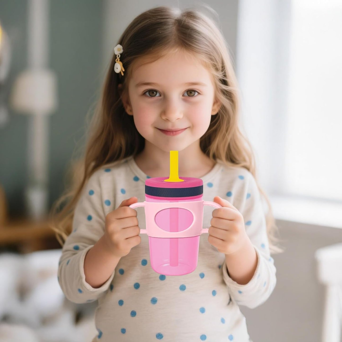 Mity Rain Cup Grip - Silicone Dual-Handle for Owala, Zak, and Stanley Toddler Cups | Beige & Pink