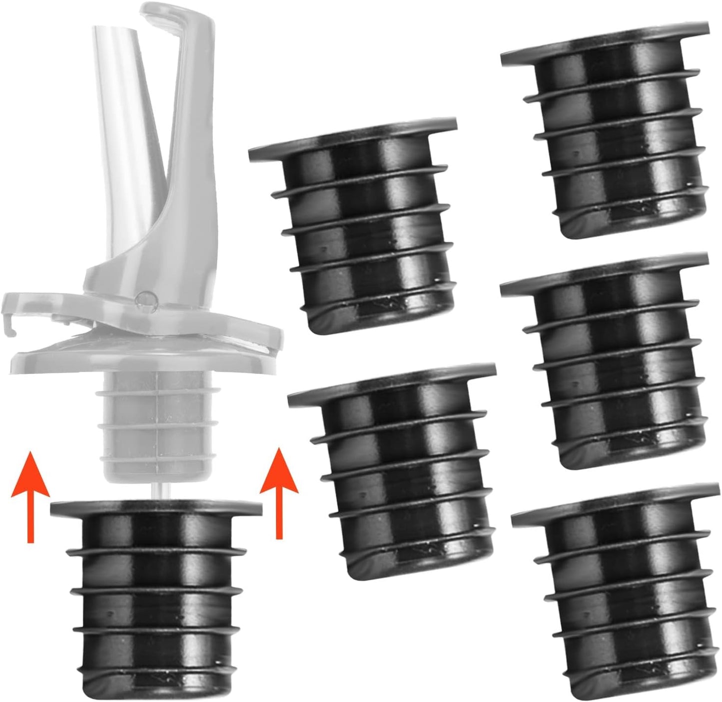 Poura Liquor Pourer Adapters 6 Pack – BPA-Free Natural Rubber – Fits Large Bottles up to 1 Inch Neck – Convert Oil or Liquor Pour Spouts – Secure Fit for XL Bottles – Black