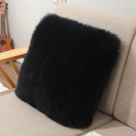 LLB Genuine Sheepskin Throw Pillow Covers Fluffy Decorative Square Couch Pillow Covers 18x18 Pillowcase for Sofa Bedroom Car Bed Living Room, No Pillow Insert (Long Wool Black, 18x18 Inch (Pack of 1))