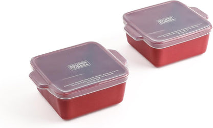 Souper Cubes Stoneware Baking Dishes - Premium 5" x 5" Mini Ceramic Set with Silicone Covers - Cranberry