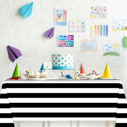 Gingham Tablecloths by [Brand Name] - 3 Pack Waterproof Plastic Covers | 54 x 108 Inch, Black & White Stripe for Parties & Picnics