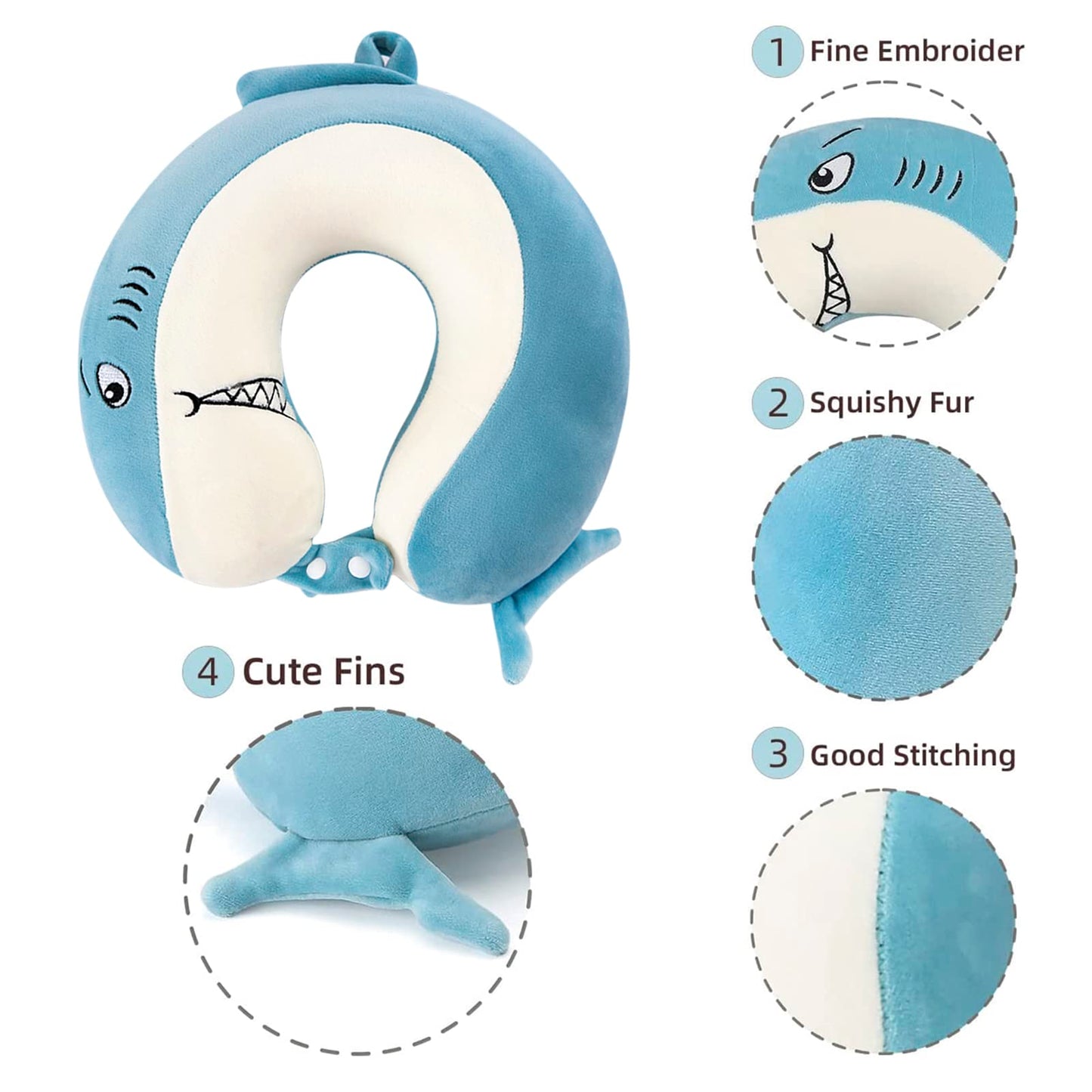 Travel Pillow Memory Foam Head Support Pillows Animal U Shaped Neck Pillow Attachable Snap for Sleeping Car Travel Home Office (Blue-Shark)