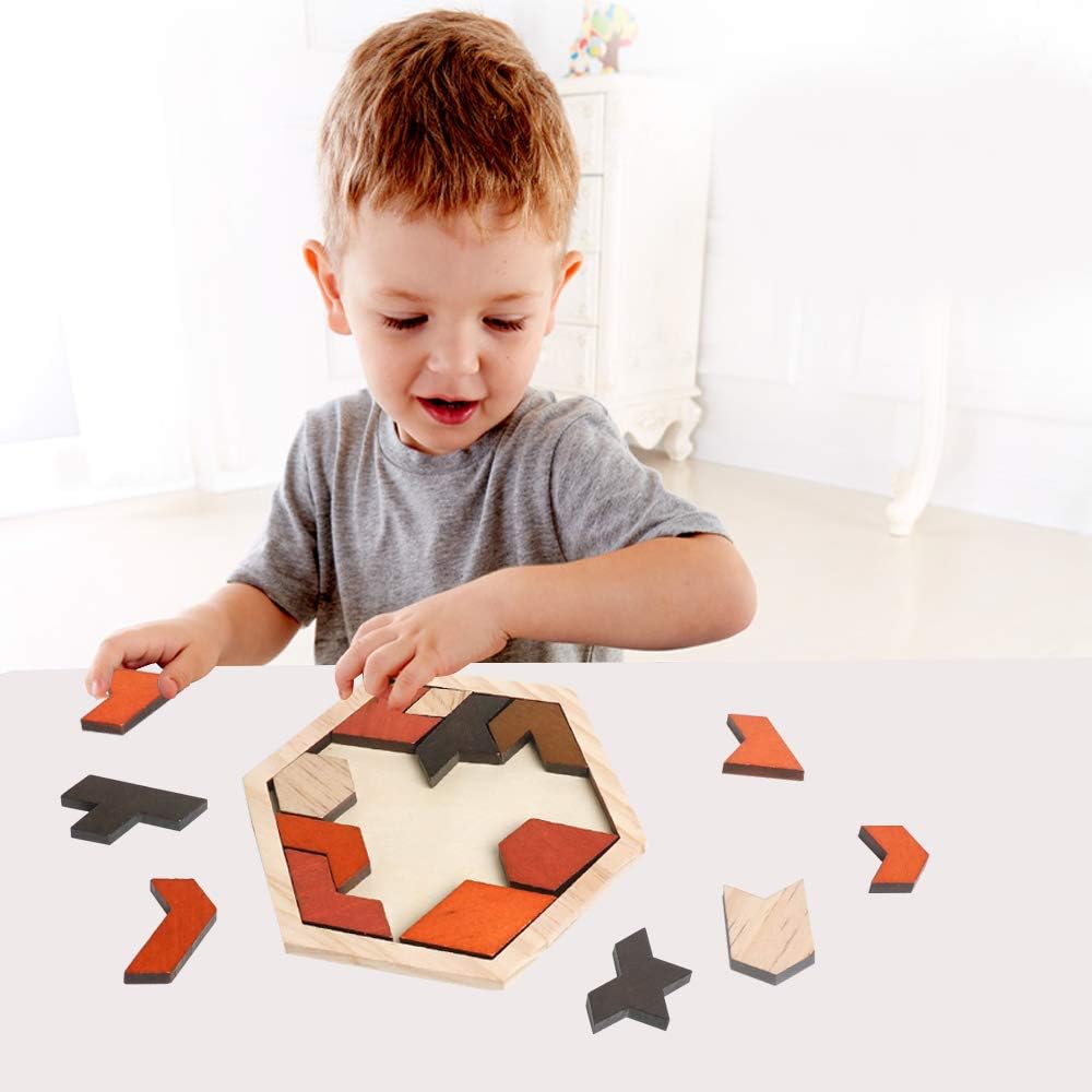 Skrtuan Wooden Hexagon Tangram Puzzle - Montessori Brain Teaser Game for Kids & Adults | Portable Educational Toy