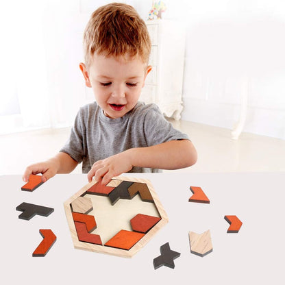 Skrtuan Wooden Hexagon Tangram Puzzle - Montessori Brain Teaser Game for Kids & Adults | Portable Educational Toy