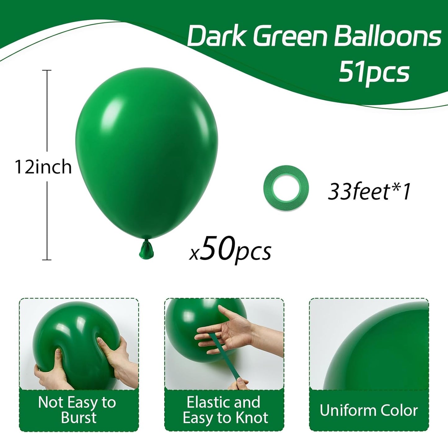 Awenztech Dark Green Balloons - 12 Inch Forest Green Latex | 50 Pack for Jungle & Birthday Parties