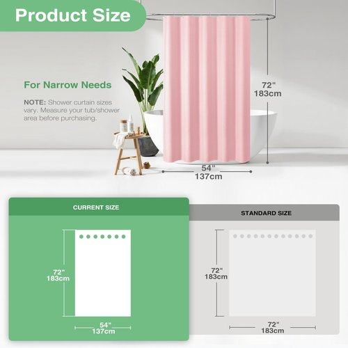 Dynamene Stall Fabric Shower Curtain - 54 inch Wide Waffle Weave Weighted Thick Cloth Shower Curtains for Bathroom, Heavy Duty Hotel Spa Luxury Bath Curtain Set with 10 Hooks, 54x72, Pink
