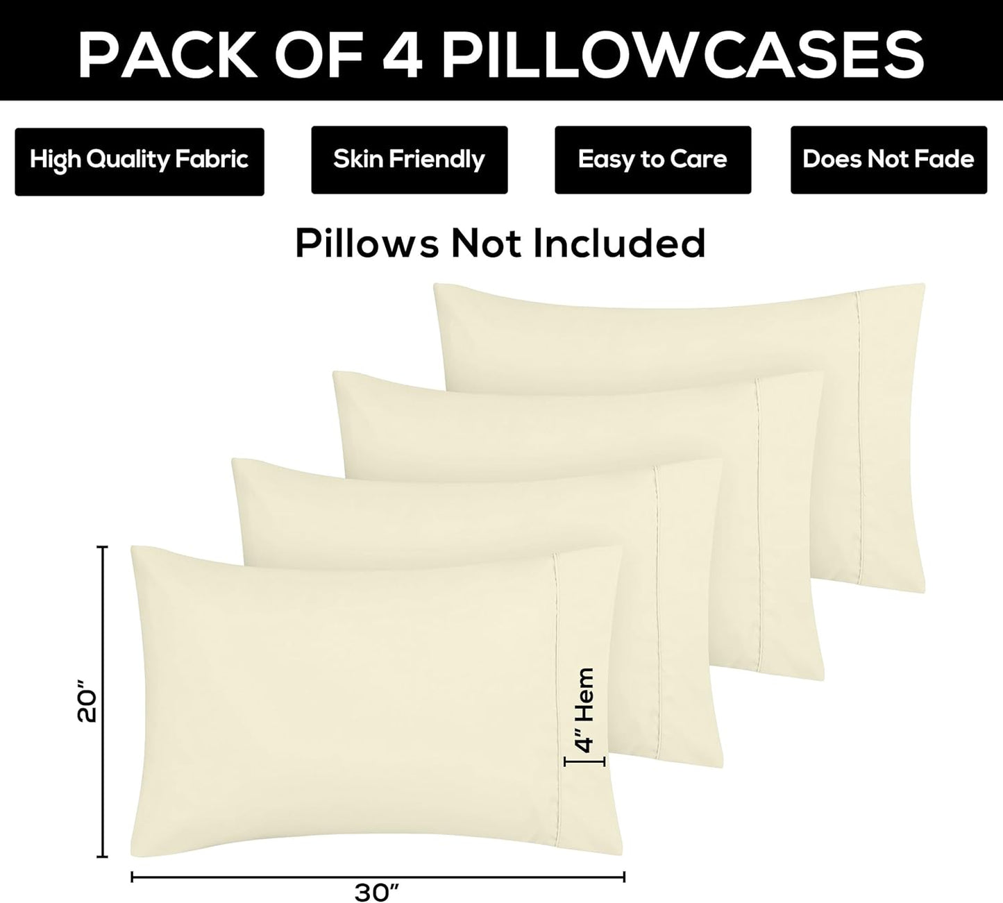 Utopia Bedding Queen Pillowcases - Soft Brushed Microfiber - 4 Pack, Ivory, 20 x 30 Inches