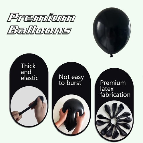 Black Balloons - 145-Piece Shiny Metallic Latex Balloon Arch Kit for Graduation, Halloween & Birthday Celebrations