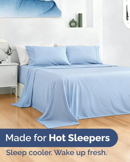 Cooling Sheets Set | Skiennix Queen Size 4-Piece Bedding for Hot Sleepers - Soft, Breathable, Lightweight - Deep Pockets 8" to 16" - Sky Blue