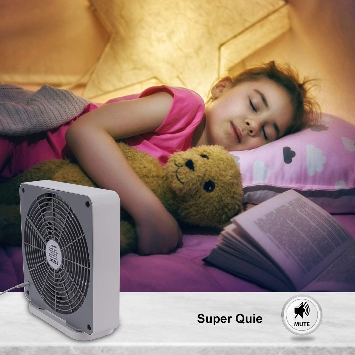 SONBION Small Box Fan, 10 inch Window Fan with 3 Speeds Strong Airflow, DC Adapter Square Table Fan for Bedroom Living Room Office Apartment, Quiet and Lightweight, 5ft Power Cord