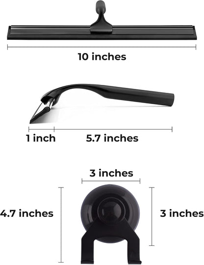 Skiennix Matte Black Shower Squeegee - 10 Inch Glass Cleaner Tool with Adhesive Hooks for Bathroom & Car
