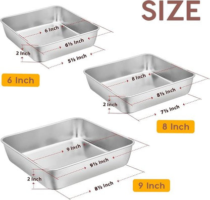 E-far Baking Pans Set - 3 Stainless Steel Rectangle & Square Cake Pans | Oven Safe, Dishwasher Safe