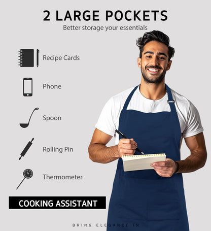 Syntus 2 Pack Adjustable Bib Apron Waterdrop Resistant with 2 Pockets Cooking Kitchen Aprons for BBQ Drawing, Women Men Chef, Nautical Blue