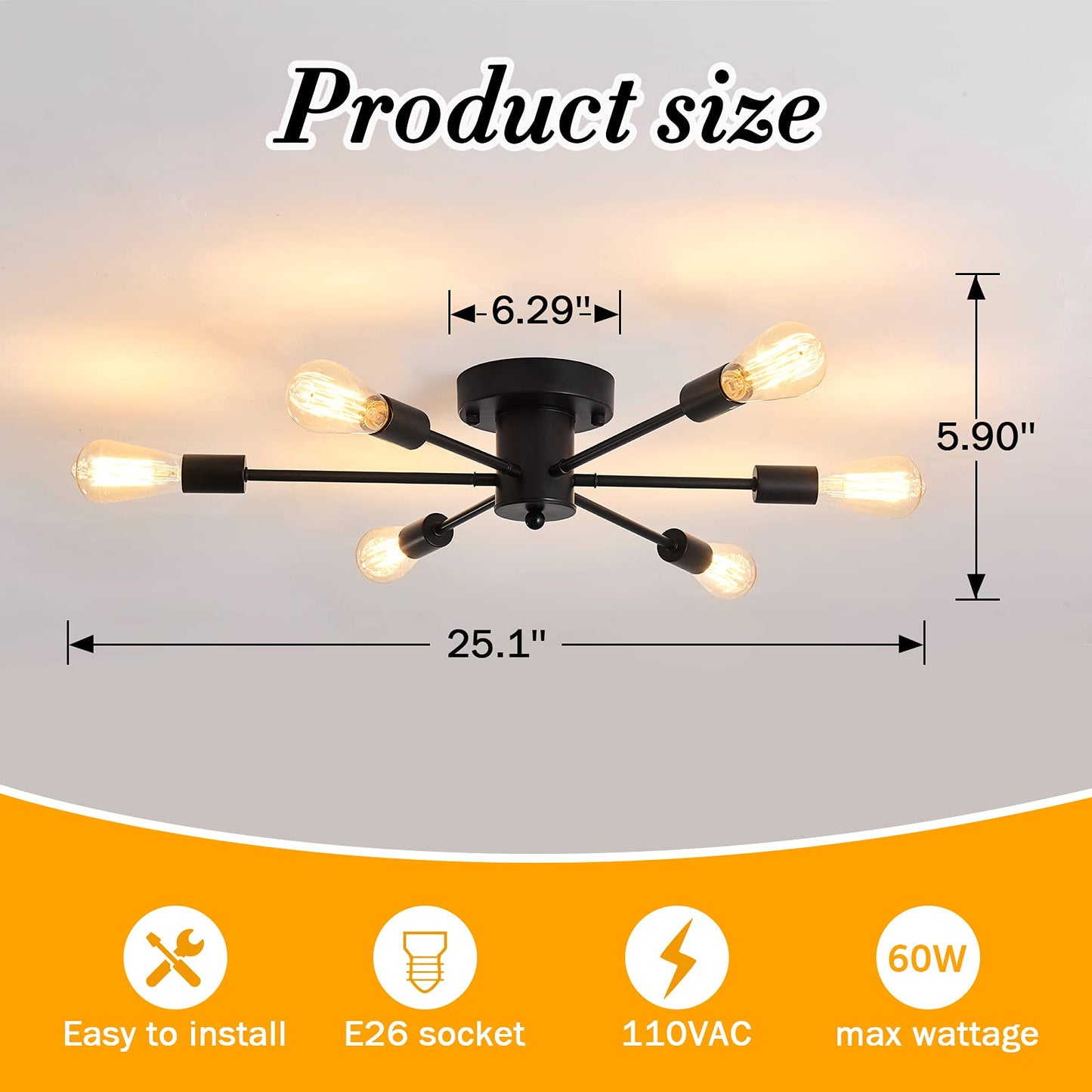 UOFUS 6 Lights Sputnik Semi Flush Mount Ceiling Light Matte Black Modern Edison Chandelier Industrial Close to Ceiling Light for Farmhouse Dining Room Kitchen Bedroom Living Room Study