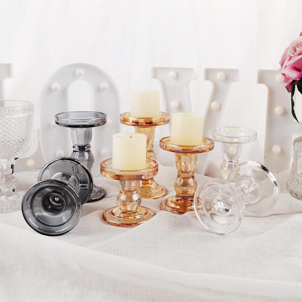 Skiennix Glass Candlestick Set - Elegant Crystal Candle Holders for Weddings & Home Decor | Clear, 6 Pieces