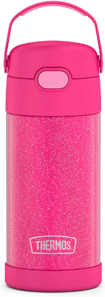 THERMOS FUNTAINER Water Bottle - 12 Ounce Kids Stainless Steel Insulated Bottle with Straw | Pink Glitter