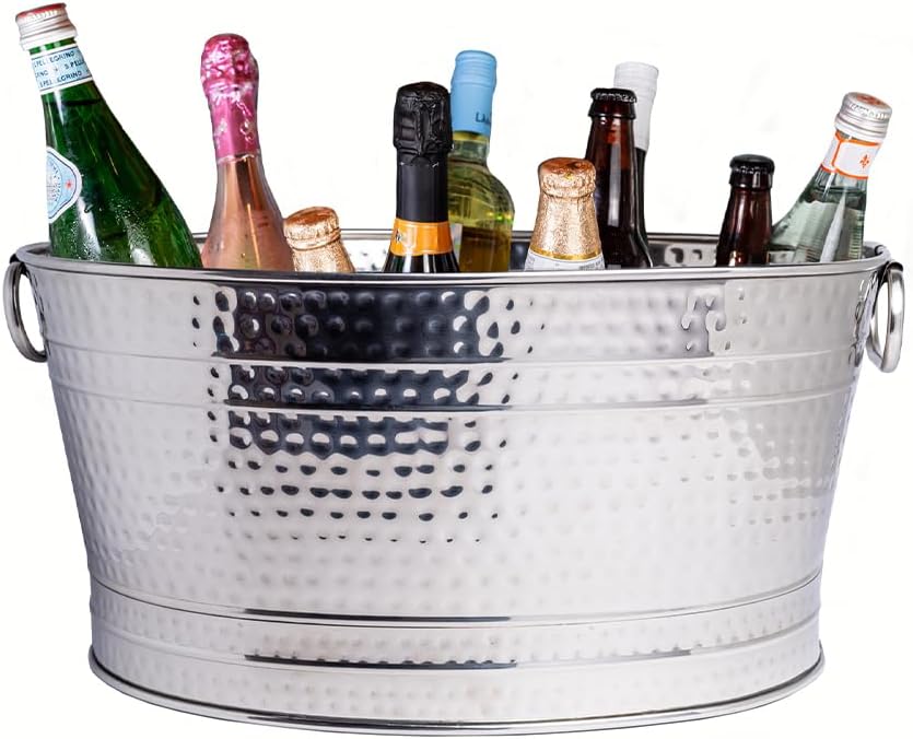 Sol Living Beverage Tub Large Ice Bucket with Handles Single Wall Stainless Steel Ice Bucket and Cooler for Wine, Drinks, Bar, Party, and Gift Beverage Cooler for Indoor and Outdoor Parties