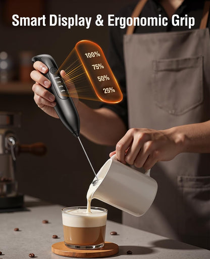 Skiennix Electric Milk Frother - Rechargeable 3-in-1 with LED Display & Wireless Charging | 3 Speeds, Stainless Steel Whisk, Bright Grey