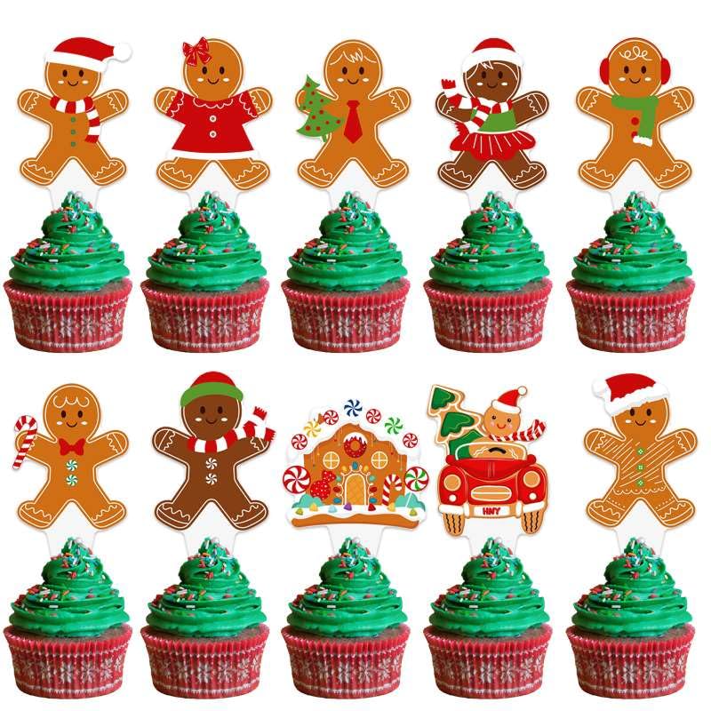 Christmas Gingerbread Cupcake Toppers 48pcs - Santa Hat & Candy Cane Picks