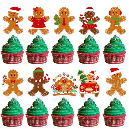 Christmas Gingerbread Cupcake Toppers 48pcs - Santa Hat & Candy Cane Picks