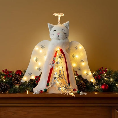 Christmas Cat Angel Tree Topper with LED Halo — White Glowing Wings