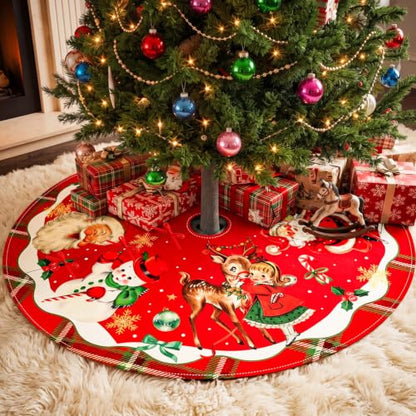 Vintage Christmas Tree Skirt with Santa and Retro Design, 48 Inch