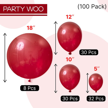 PartyWoo Burgundy Balloons - 100pcs Dark Red Balloon Arch Kit | Various Sizes for Graduation & Weddings