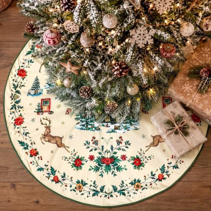 48 Inch Rustic Christmas Tree Skirt with Deer and Poinsettia Print