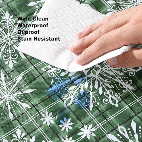 Christmas Green Snowflake Vinyl Tablecloth 60x102 Inch Rectangular Snowfall Variation