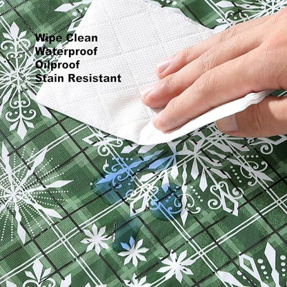 Christmas Green Snowflake Vinyl Tablecloth 60x102 Inch Rectangular Snowfall Variation