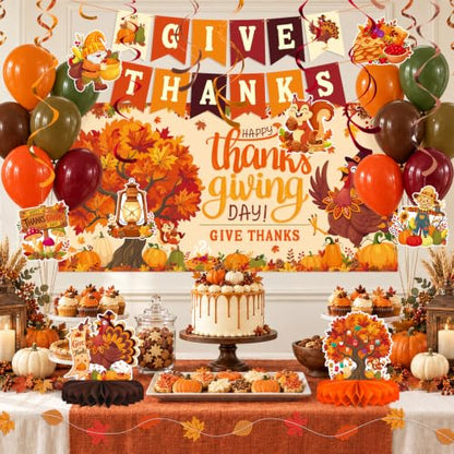 Thanksgiving Decorations Kit with Give Thanks Banner, Balloons & Backdrop - Fall Harvest Celebration Set