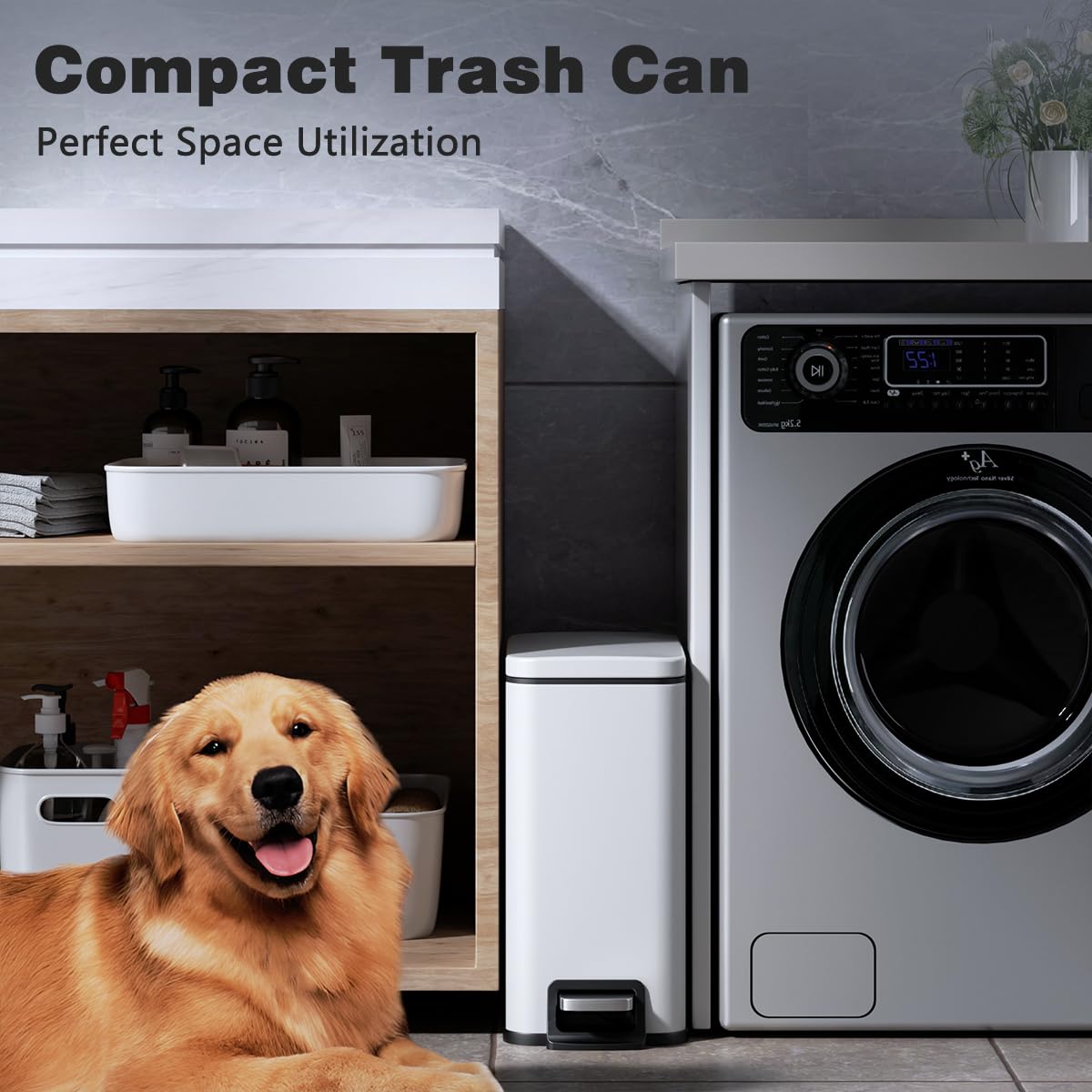 Skiennix Slim Bathroom Trash Can - 1.6 Gallon Stainless Steel with Soft Close Lid & Removable Inner Bucket