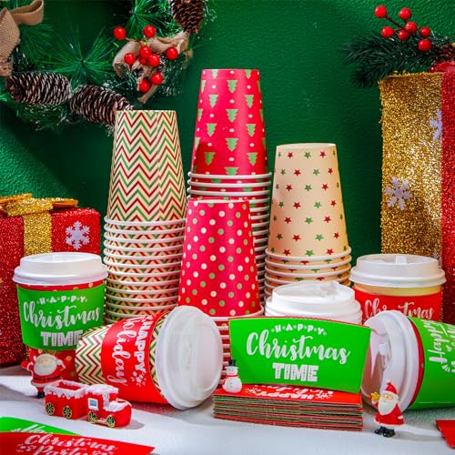 Zhehao 160 Sets/ 480 Pcs Disposable Coffee Cups Christmas Paper Cups with Lids and Sleeves for Cold Drink Tea Hot Cocoa Chocolate Holiday Xmas Party Supplies, 4 Designs (Pretty Style, 16 oz)