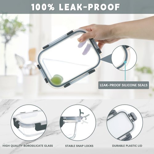 KAMOTA Glass Food Storage Containers, 10 Pack Glass Meal Prep Containers, Airtight Containers with Snap-Lock Lids, 34 oz and 13 oz gray Container Set with Lids, for Microwave/Oven/Freezer/Dishwasher