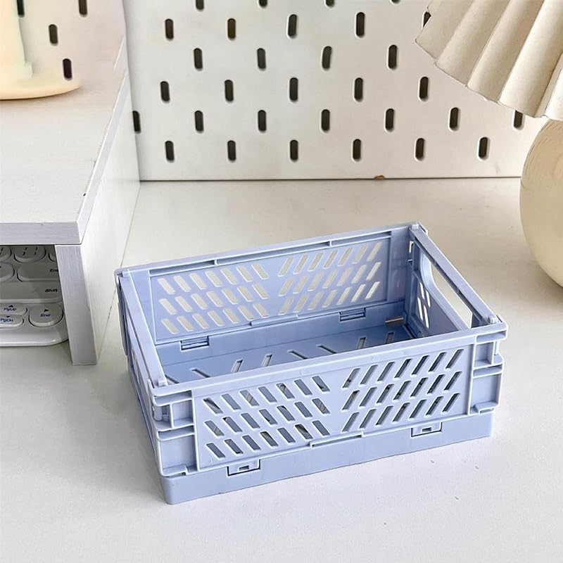 Blue Small Folding Storage Basket - Collapsible Desktop Organizer for Home Office, Makeup & Toiletries