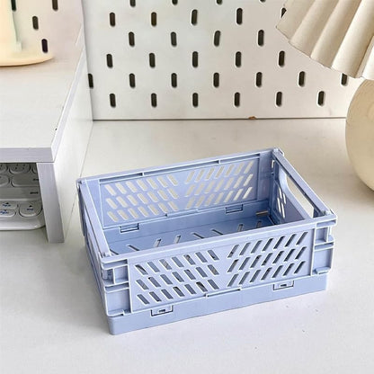 Blue Small Folding Storage Basket - Collapsible Desktop Organizer for Home Office, Makeup & Toiletries