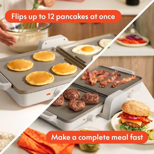 Bella Ceramic Fold-N-Store Griddle - Dual Temp Kitchenware with Nonstick Coating | 10"x20", Oatmilk Color, 1500 Watt