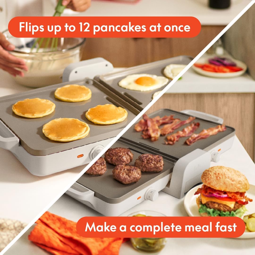 Bella Ceramic Fold-N-Store Dual Temp Griddle - Nonstick Coating, 2 Temp Zones, 10"x20", Oatmilk Color
