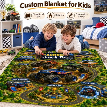 Blue Personalized Kids Blanket with Road Map Design - Boys Travel Throw