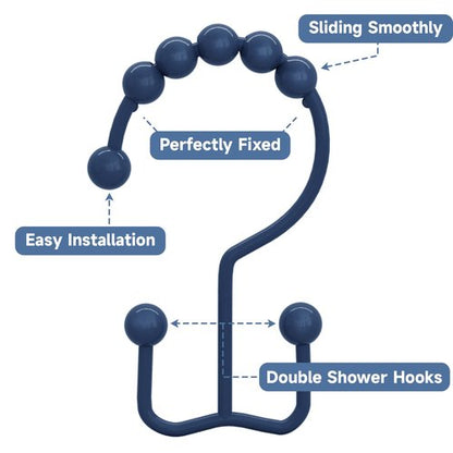 Titanker Shower Curtain Hooks Rings, Rust-Resistant Metal Double Glide Shower Hooks for Bathroom Shower Rods Curtains, Set of 12 Hooks - Navy Blue