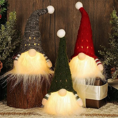 Lighted Christmas Gnome Decor Set of 3 - Handmade Mini Holiday Figurines