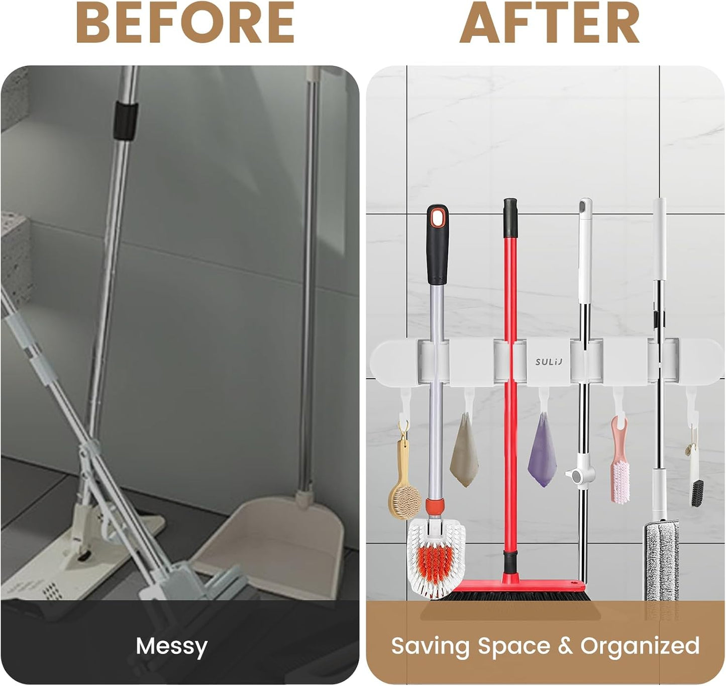 Broom Holder Wall Mount by 2Pcs - No-Drilling Self-Adhesive Storage Rack with Hooks | White, 4 Racks & 5 Hooks
