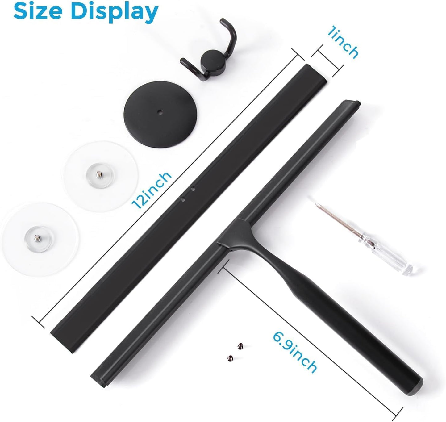 Quntis 12-Inch Shower Squeegee - Heavy-Duty Black Glass Cleaner with Non-Slip Handle & Hooks
