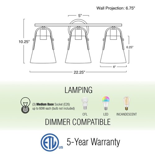 Kira Home Branson 22" 3-Light Modern Farmhouse Vanity/Bathroom Light + Seeded Glass Cone Shades, Black Finish