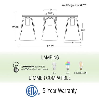 Kira Home Branson 22" 3-Light Modern Farmhouse Vanity/Bathroom Light + Seeded Glass Cone Shades, Black Finish