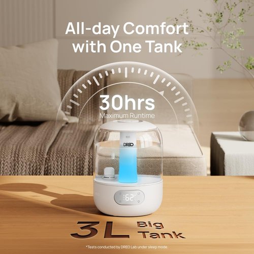 DREO Ultrasonic Humidifier - 3L Top Fill, 30H Quiet Runtime & Humidity Sensor | Ideal for Bedroom & Nursery