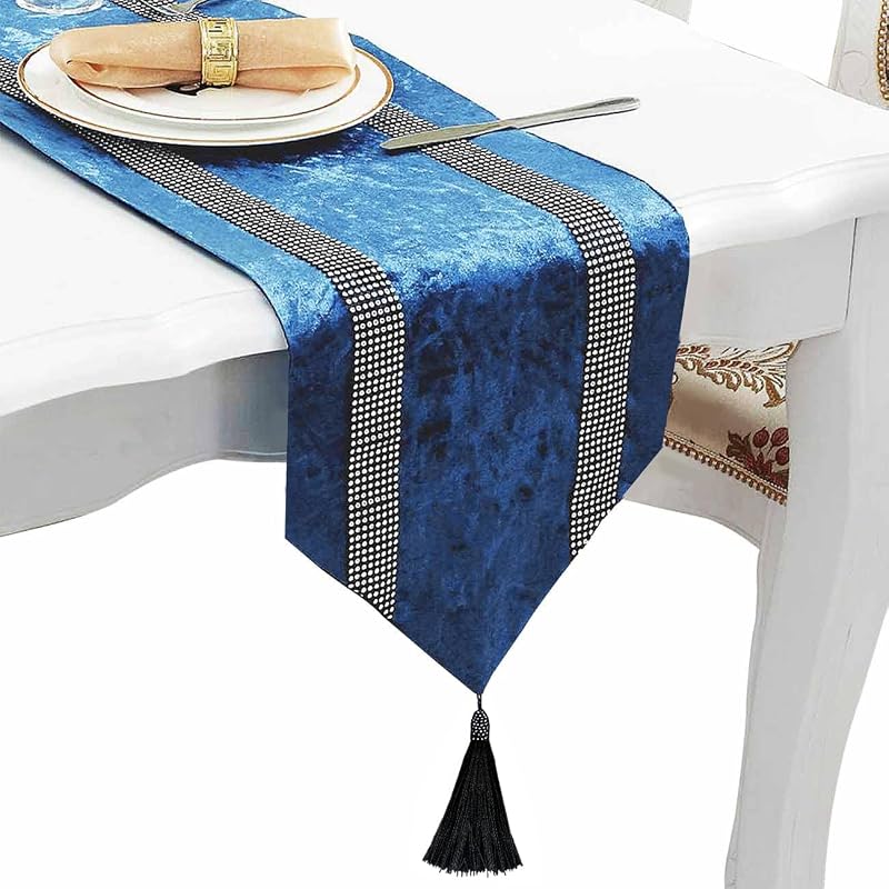 Fancy Blue Table Runner with Silver Sequin Rhinestones, Ombre Velvet 13x84 Inches - Variation Blue+13x84 inches