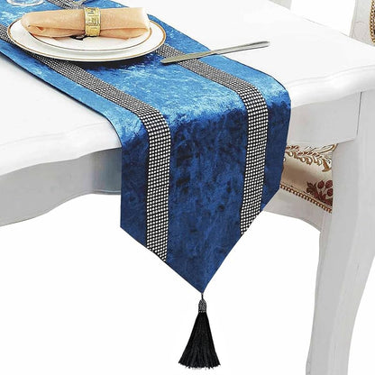 Fancy Blue Table Runner with Silver Sequin Rhinestones, Ombre Velvet 13x84 Inches - Variation Blue+13x84 inches
