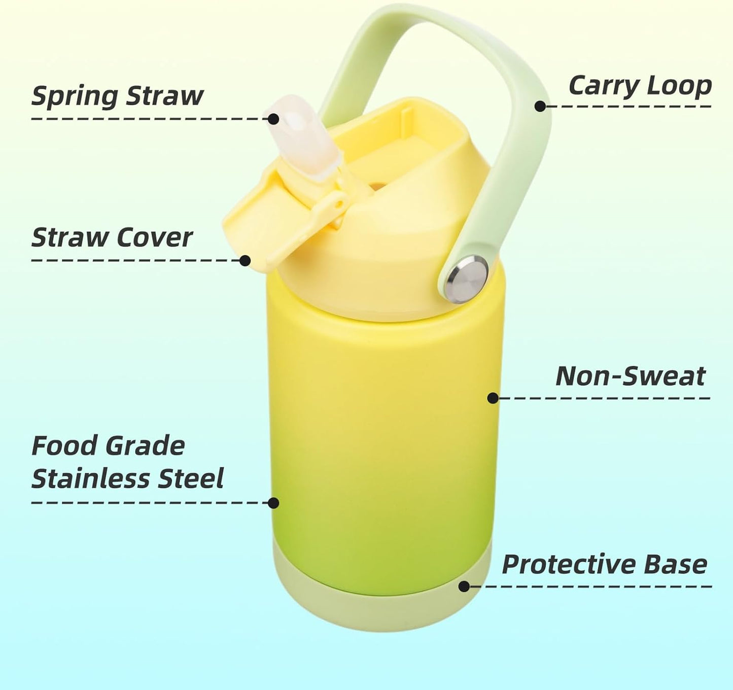 Skiennix Insulated Water Bottle - 12 oz Stainless Steel with Straw Lid & Silicone Handle | Lime