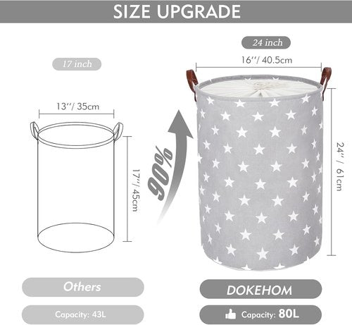 DOKEHOM 24-Inch Extra Large Laundry Basket - Collapsible Hamper with Lid & Handle (Grey Star)